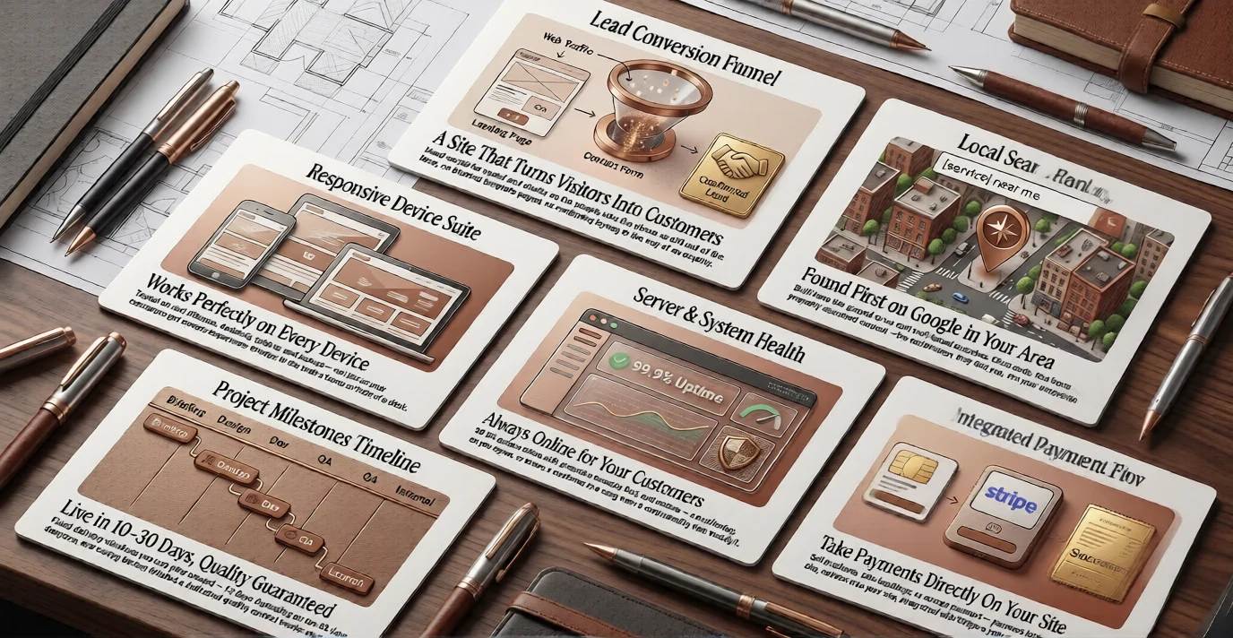 Six capability cards laid out on a wooden workspace alongside architectural sketches, pens and a leather notebook