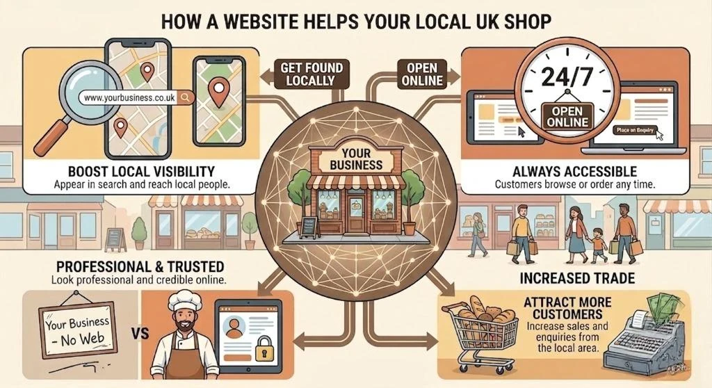Infographic showing four ways a website helps a local UK shop: boosts local visibility through search, stays open 24/7, builds professional credibility, and attracts more customers